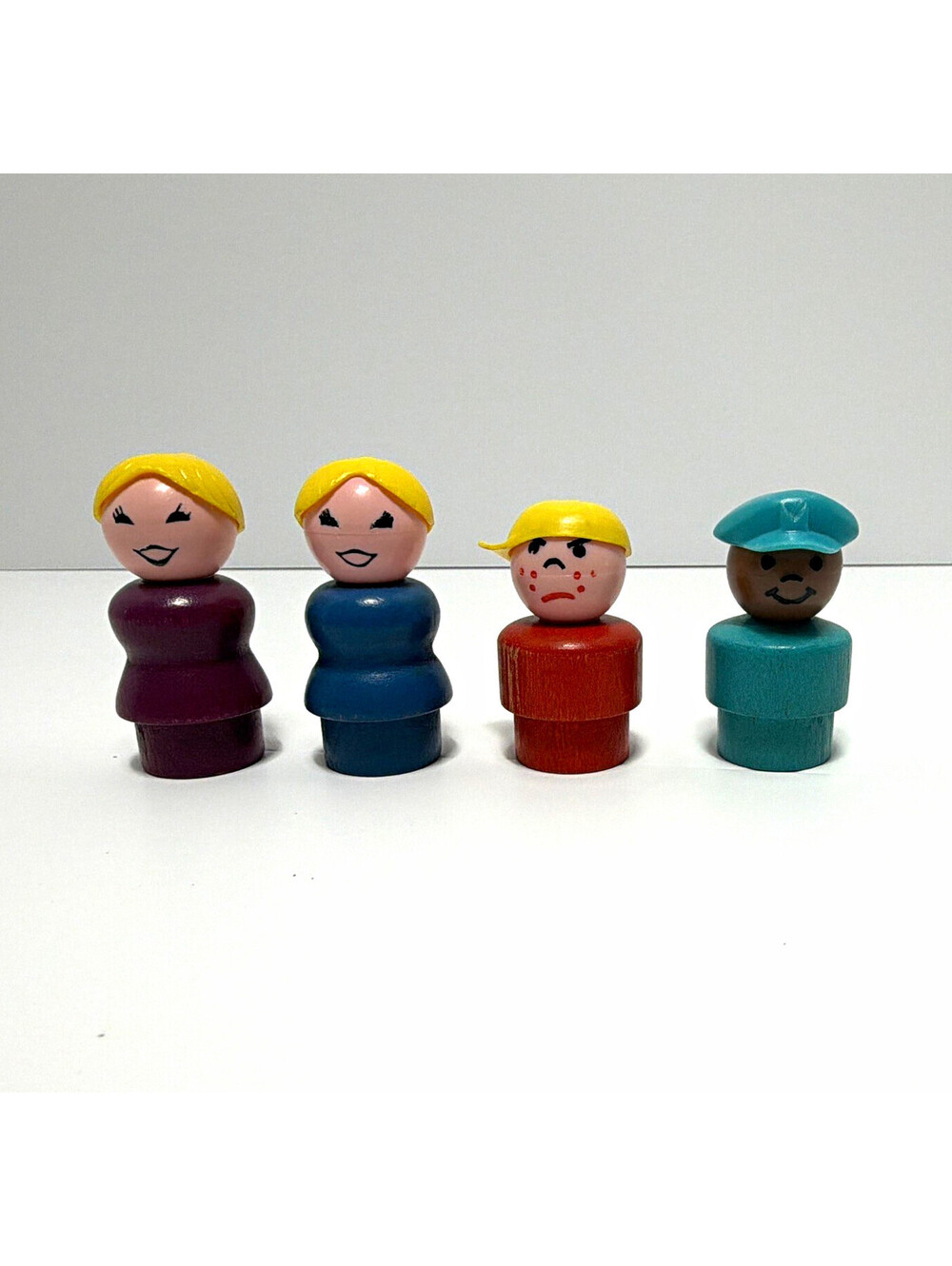 Fisher-Price Little People Vintage Wooden Figures Lot of 4 Yellow & Blue Hats